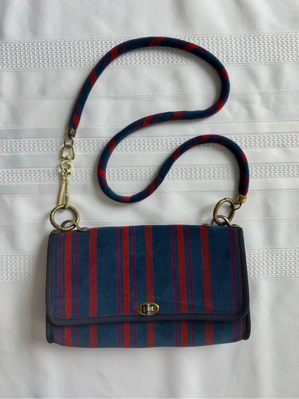 Vintage Ruza Striped Velvet Leather Small Shoulder Bag Navy and Red